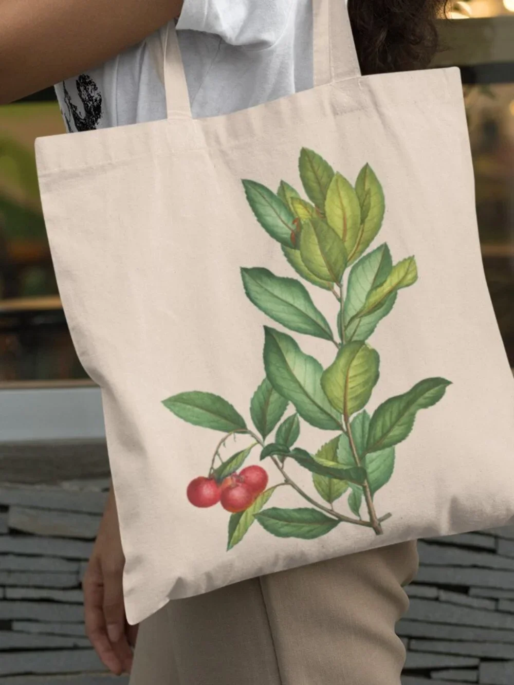 Strawberry Tree Vintage Botanical Print Graphic Canvas Tote Bag